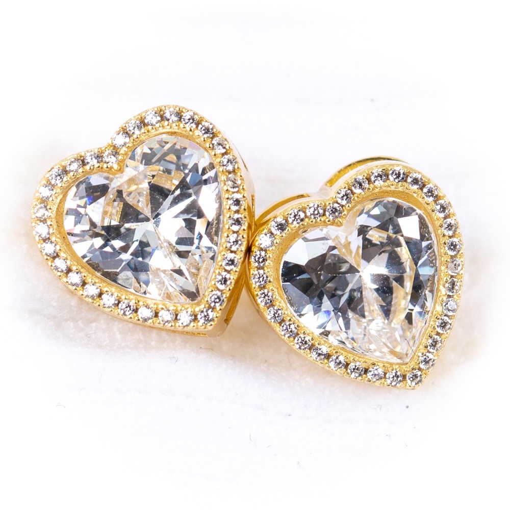 Gold Heart Shaped CZ Sterling Silver Pretty Womens Stud Screw Back Earring